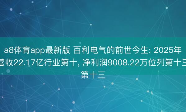 a8体育app最新版 百利电气的前世今生: 2025年营收22.17亿行业第十, 净利润9008.22万位列第十三
